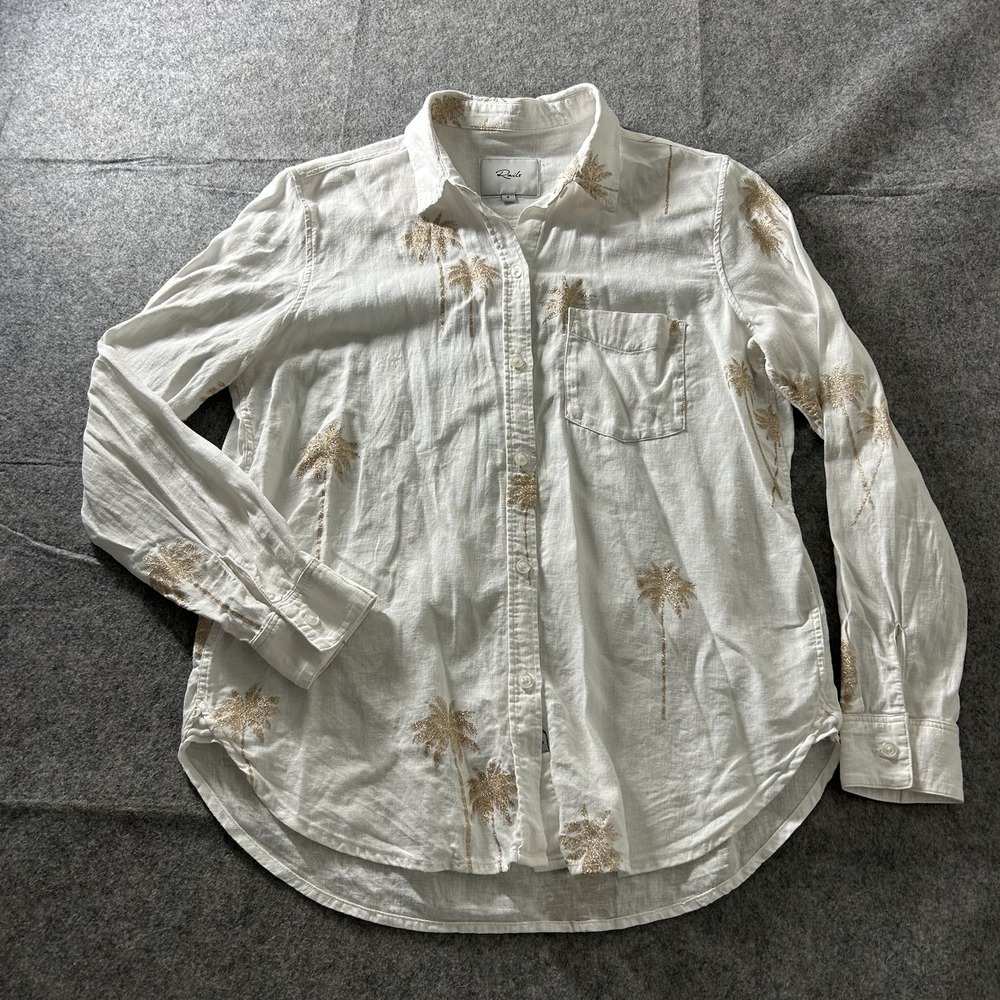 Rails Shirt Women Small White Charli Palm Tree Embroidered Linen Button Coastal